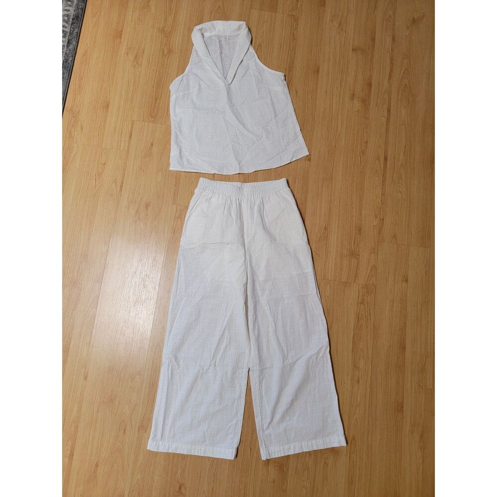 Cotton Linen Two Piece Set White Collared Sleeveless Top Wide Leg Pants S